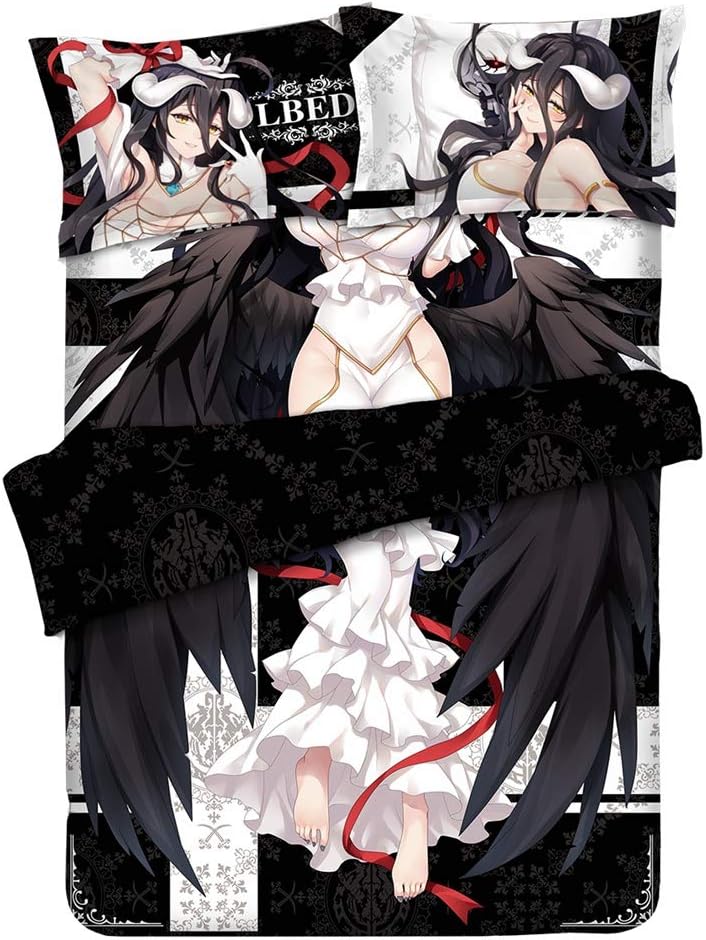 MXDZA Japanese Anime Overlord Albedo Otaku Bedding Linen Bedding Set Bed Sheet or Duvet Cover with Two Pillow Cases