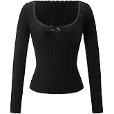 winkbay Women's Y2K Lace Bow Tops Square Neck Long Sleeve T-Shirts Basic Slim Fit Fall Knit Clothes