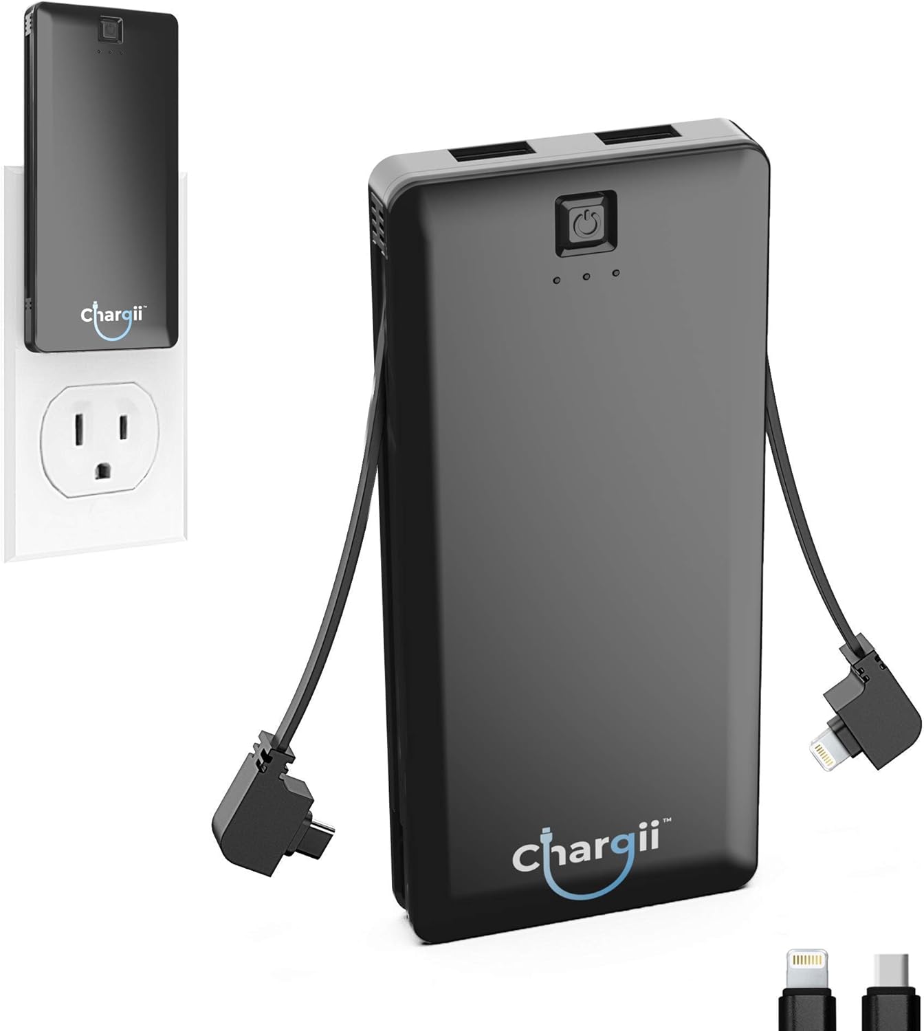 Chargii Portable Charger Built in Apple Cable with Wall Plug AC Adapter USB-C + 2 USB Ports - Compact External Powerbank Lightweight Cell Phone Compatible with Android/iPhone Battery Charger - Black