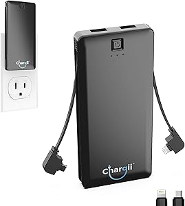 Chargii Portable Charger Built in Apple Cable with Wall Plug AC Adapter USB-C + 2 USB Ports - Compact External Powerbank Lightweight Cell Phone Compatible with Android/iPhone Battery Charger - Black