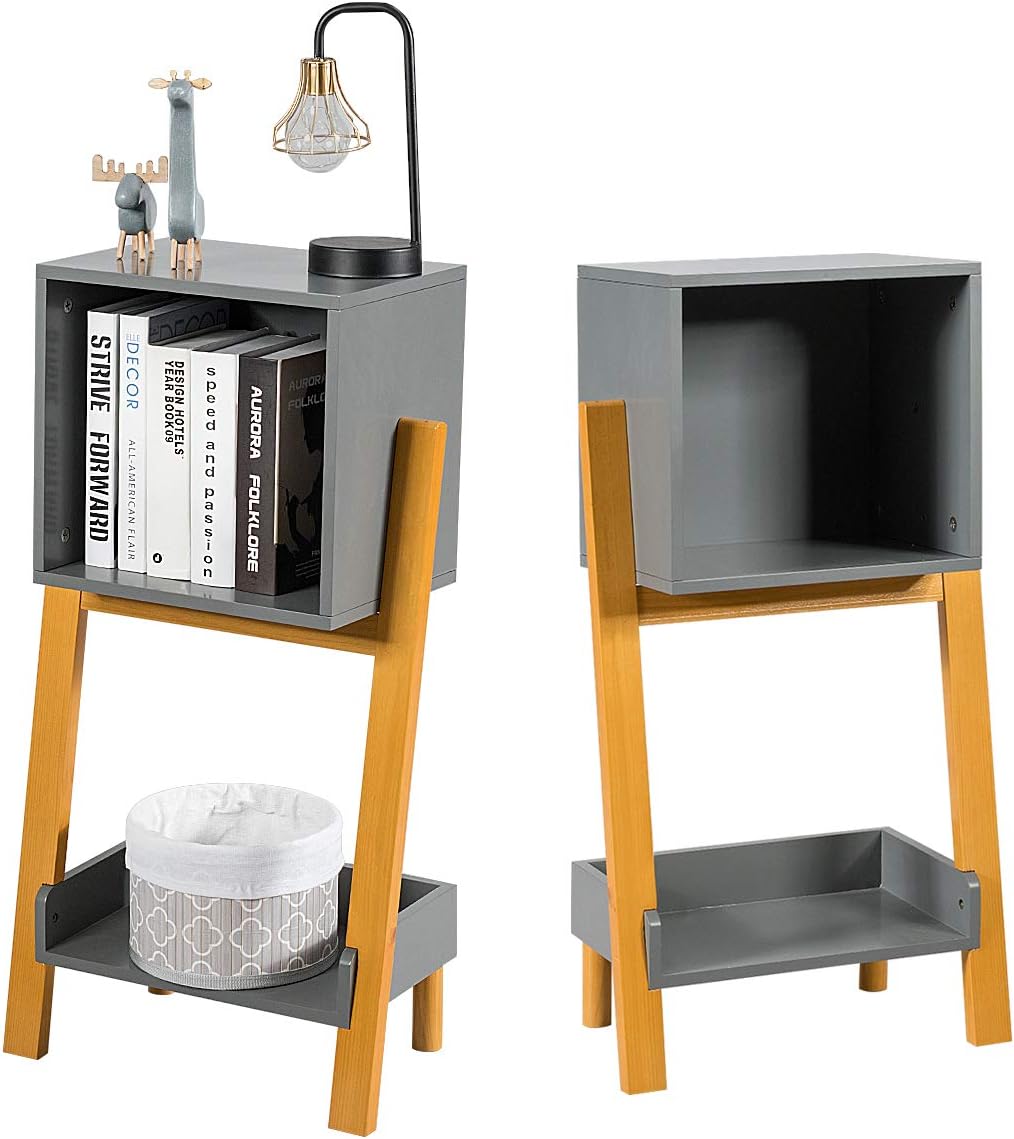 Amazon Com Giantex Set Of 2 End Table Side Table Freestanding Bookcase Solid Wood Small Cabinet Bookcase Nightstand For Living Room Bedroom Yellow Grey Kitchen Dining