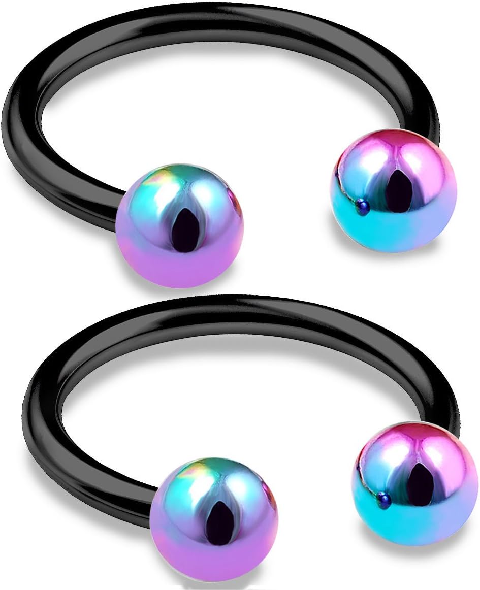 2pcs 16g Horseshoe Ring Lip Nose Septum Cartilage Hoop Tragus Forward Helix Black Anodized Steel Rainbow Balls - Pick Size