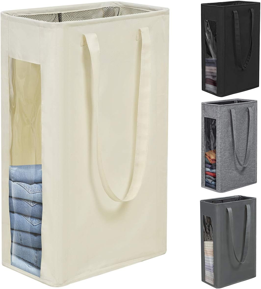 Chrislley Laundry Hamper with Visual Window 25 in Slim Laundry Basket with Handle Foldable Dirty Clothes Basket Durable Thin Laundry Organizer for Corner Narrow (Beige,66L