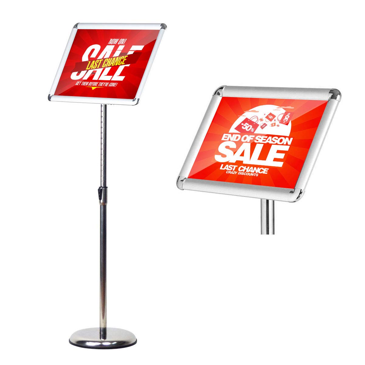 HUAZI Adjustable A4 Poster Stand Floor Sign Holder Stand,Heavy Round Base,Both Vertical & Horizontal View Displayed,Snap-Open Frame with Safety Corner,Silver