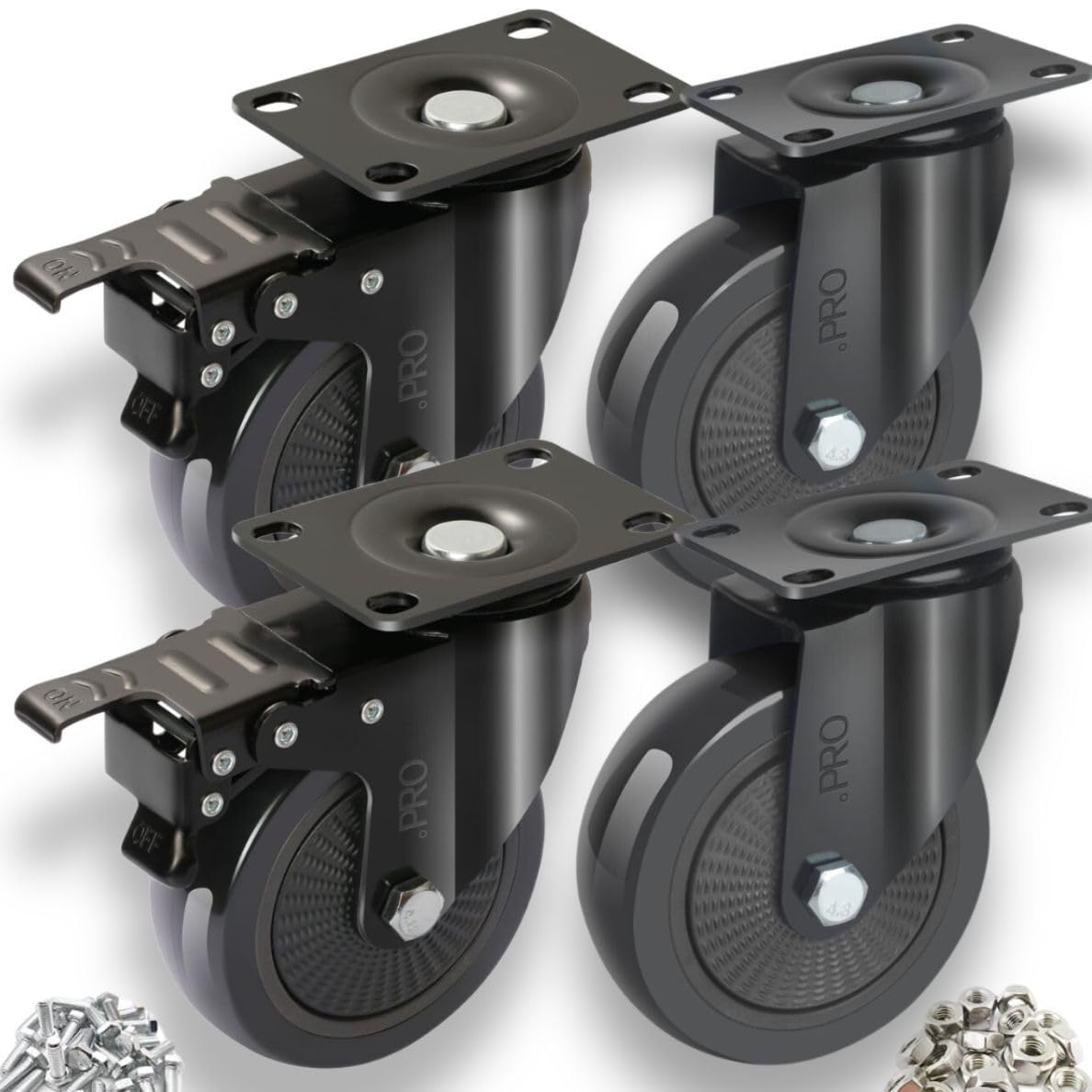 .PRO Heavy Duty 600kg 100mm Swivel Trolley Caster Wheels (Black) - Industrial Strength Furniture Moving Casters with Screws, Bolts, Locking, Non-Marking (2 wheels with brakes 2 wheels without brakes)