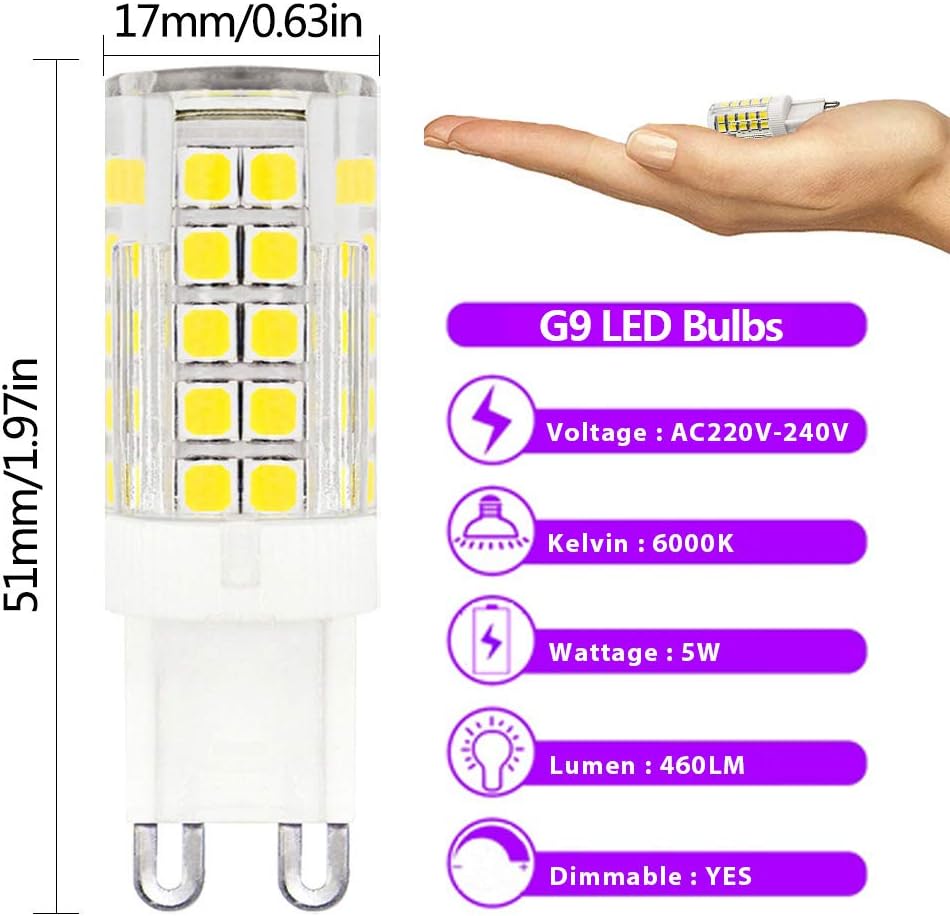 5W Led Light Bulb G9 Equivalent to 25W-40W G9 Halogen Bulbs G9 Led Bulbs Cool White 6000K Dimmable AC 230V Energy Saving Light Bulbs for Home Ceiling Lights 10-Pack - Image 3