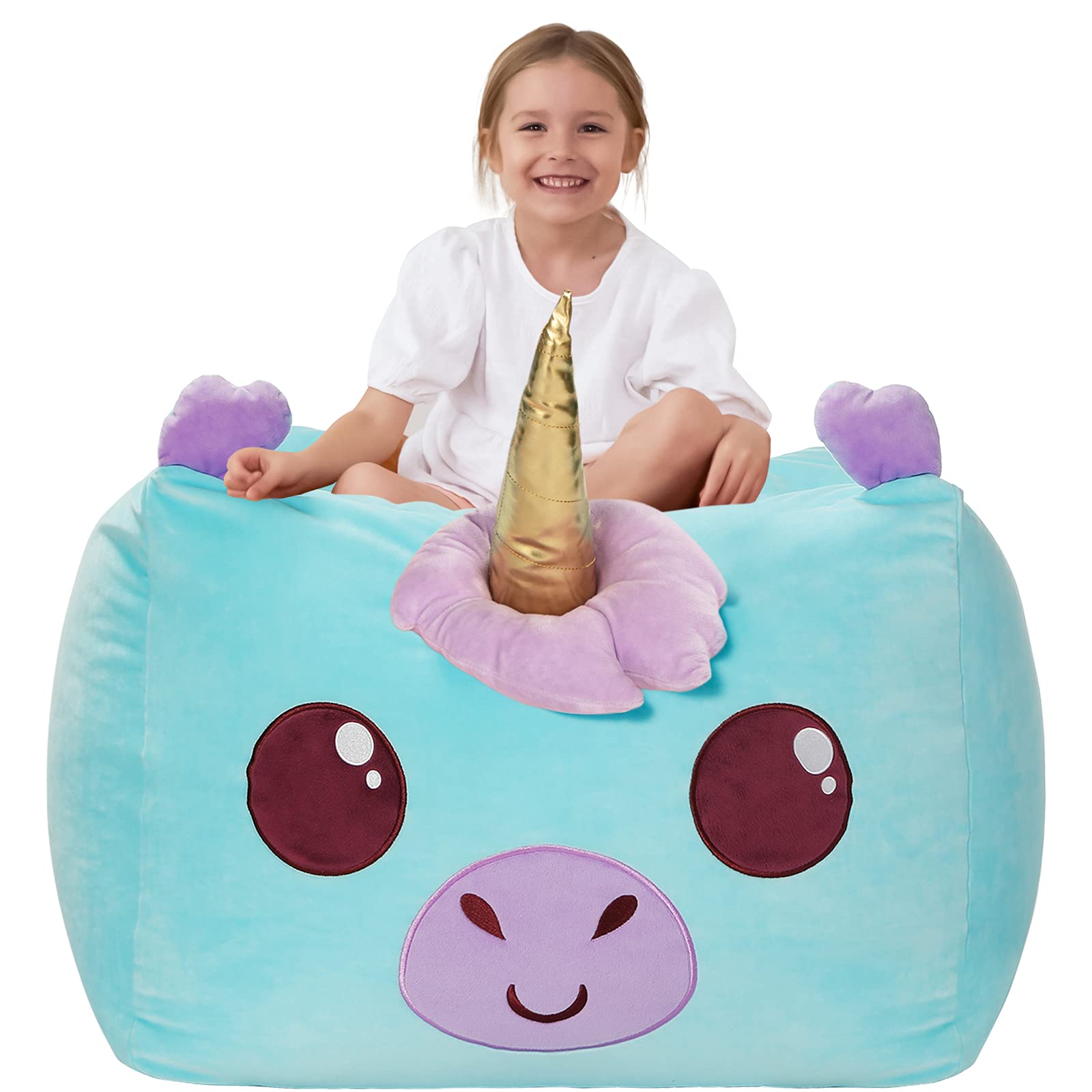 Aubliss Unicorn Stuffed Animal Storage Bean Bag Chair for Kids, Velvet Extra Soft Beanbag Chairs Cover, X-Large Stuffable Zipper Bean Bag for Organizing Plush Toys Girls Bedroom Decor, Cyan