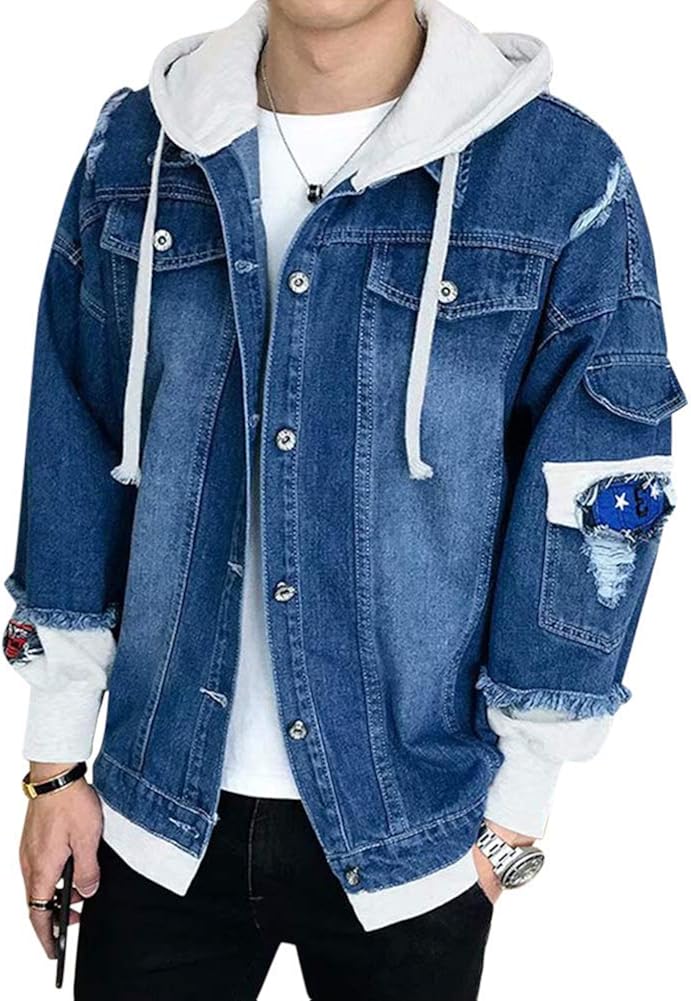 Coat Men's Denim Jacket Hooded Classic Denim Sleeve Long Jacket Casual
