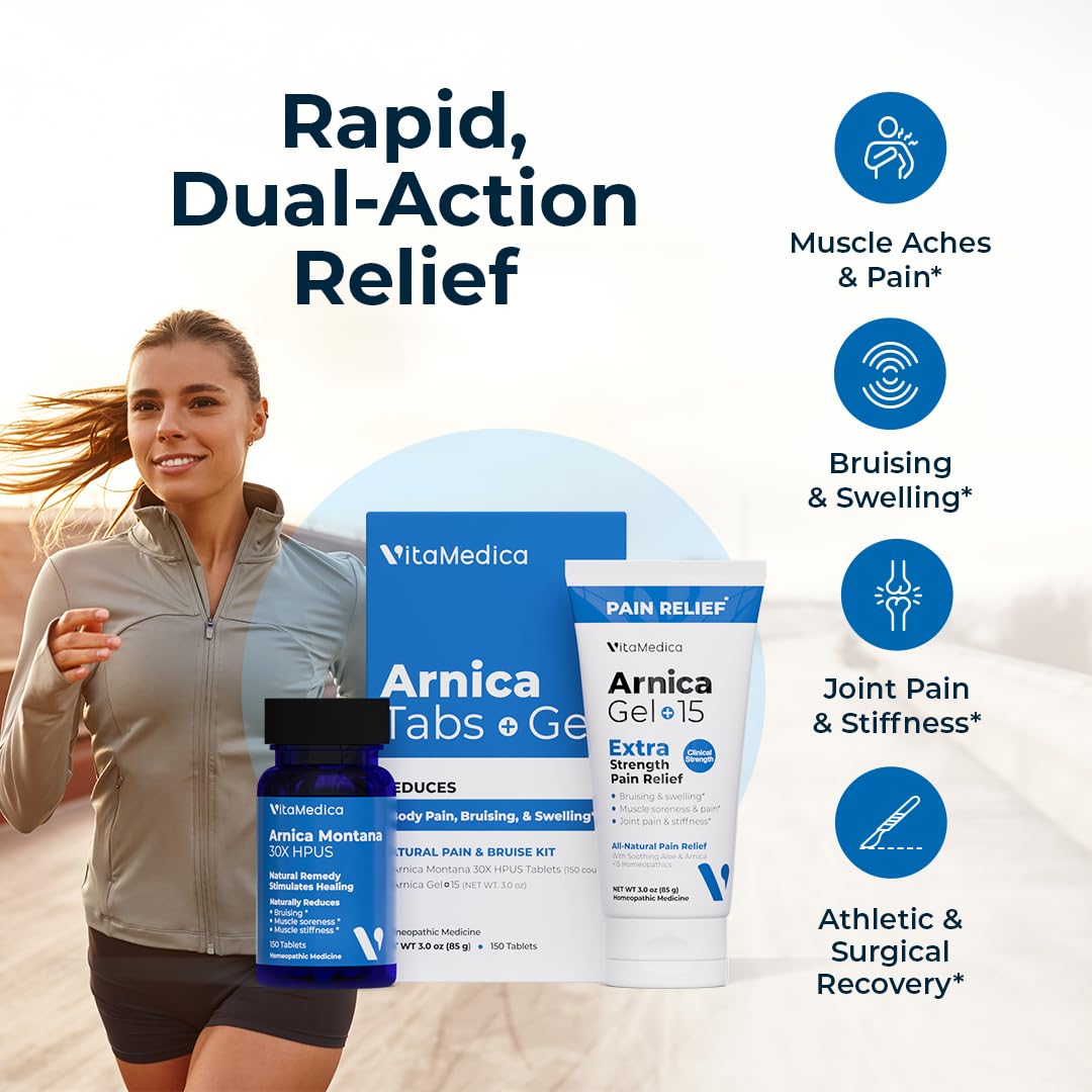 VitaMedica Arnica Montana Tablets & Arnica Gel Bundle for Natural Pain, Bruising, and Swelling - 150 Rapid Dissolve Tablets / 3 Ounce Water-Based Gel - Made in USA