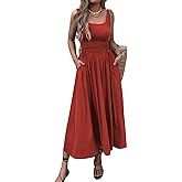 Mieazom Women’s Boho Summer Maxi Dress with Pockets, Adjustable Waist, Sleeveless Casual Ruched Sundress for Beach Vacation