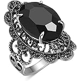 Aprilery Black Retro Marcasite Rings for Women, Fashion Cocktail Statement Rings Costume Vintage Crystal Big Onyx Stone Rings Jewelry for Her