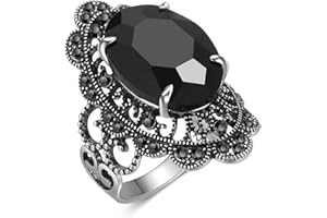Aprilery Black Retro Marcasite Rings for Women, Fashion Cocktail Statement Rings Costume Vintage Crystal Big Onyx Stone Rings Jewelry for Her