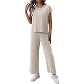 BestWendding Womens 2 Pieces Lounge Sets Knit Sweater Sets Casual Cap Sleeve Tops with Wide Leg Pants Tracksuits