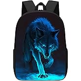 DOINBEE Boys Wolf Backpack for School, Cool Cyan Black Wolf Backpacks for Kids Boys Teens, Lightweight Waterproof Bookbag Laptop Bags for School & Work, Casual Hiking Travel Daypack 17"