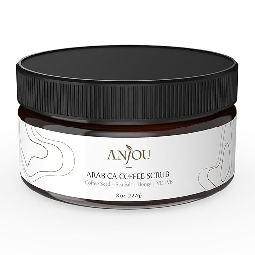 Anjou Arabica Coffee Scrub with Honey, Sea Salt, Jojoba Oil (For Face and Body, 8 oz, Natural Exfoliate and Cellulite Treatment, Skin Moisturizer and Purifier)