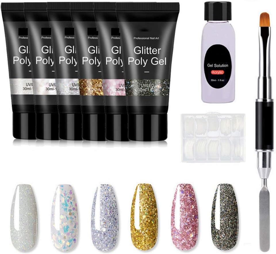 Nail Extention Gel Kit Onkessy Glitter Poly Gel Nail Polish Set Nail Gel Builder 6 Colors Choose Suitable for Girl Women