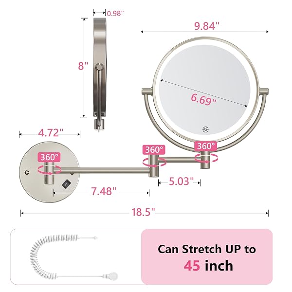 WALL MOUNTED MAKEUP MIRROR WITH LIGHTS 30X/1X DOUBLE-SIDED VANITY MIRROR