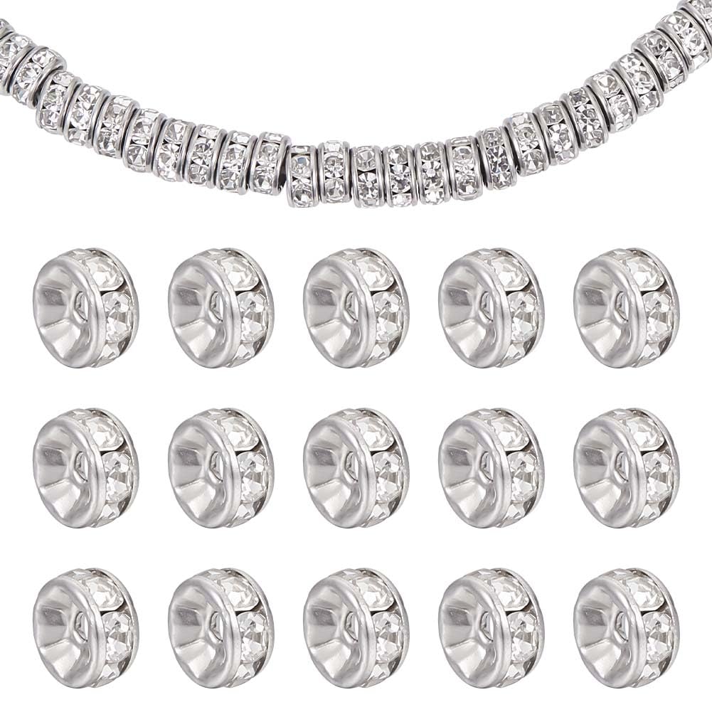 UNICRAFTALE 60pcs 6mm Disc Spacer Beads Flat Round Bead Spacer Rhinestone Bead 316 Stainless Steel with Clear Crystal Rhinestone Beads Metal Beads for Jewelry Making Findings, Hole 1mm