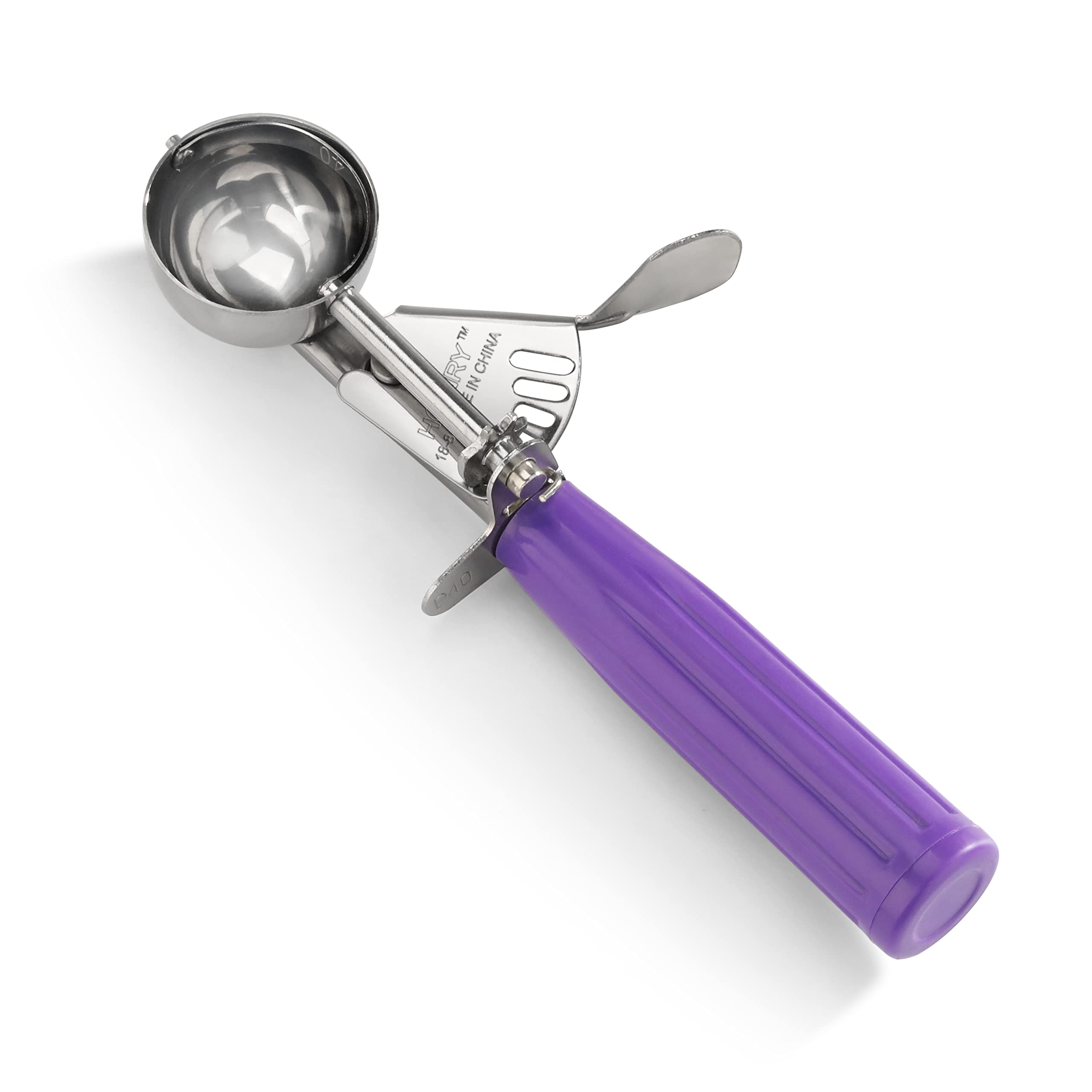 Photo 1 of New Star Foodservice 34905 Commercial-Grade Thumb Press Food Disher/Ice Cream Scoop, 18/8 Stainless Steel, 0.875 oz, Size 40, Purple