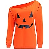 TWKIOUE Women Halloween Pullover Shirts Slouchy Pumpkin Long Sleeve Sweatshirts Off Shoulder Tops