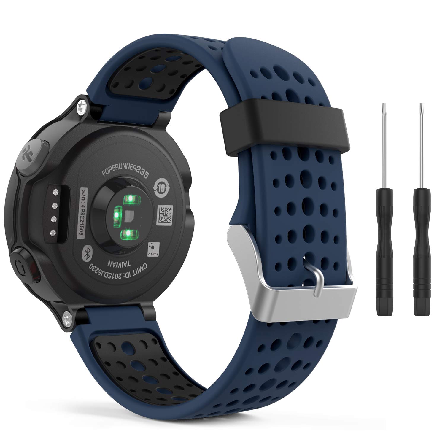 MoKo Strap Compatible with Garmin Forerunner 235, Soft Silicone Replacement Watch Band fit Forerunner 235 Lite/220/230/620/630/735XT Smart Watch - MIDNIGHT BLUE & BLACK