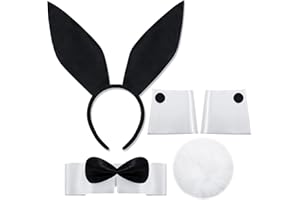 DysanVica Bunny Halloween Costume Accessories - 5 PCS Bunny Ears Headband Tail Bow Tie Collar Cuffs Set for Women Rabbit Cosplay Party, Black and White