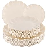 LIYH 24 Pcs Plastic Plates Reusable,Unbreakable Dinner Plates, Scalloped Plastic Plates, Dishwasher Safe,Ivory Plate Sets Perfect for Parties, Birthday, Picnics, BPA Free(12Guests)