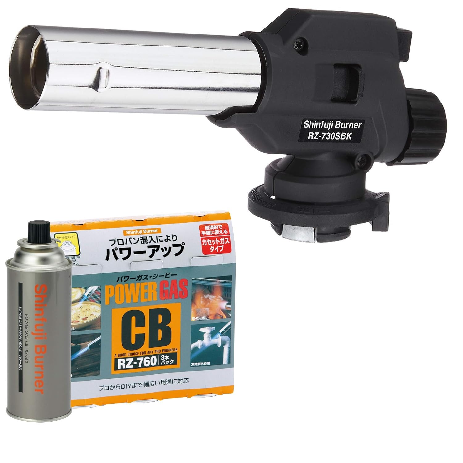【Amazon.co.jp 限定】新富士バーナー ガスバーナー ボンベ3本セット 日本製 逆さ使用可能 炙り調理 溶接 火力調節 火口径:22mm 小型 ブラック RZ-730SBK商品画像
