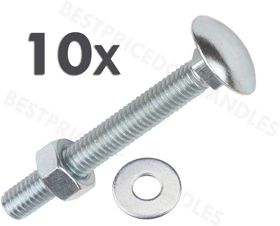 Coach Bolts M6 x 150mm Pack of 10 Carriage Bolts with Hex Nuts and Washers Zinc Plated Cup Square Bolts BZP DIN603 and DIN934 Fully Threaded