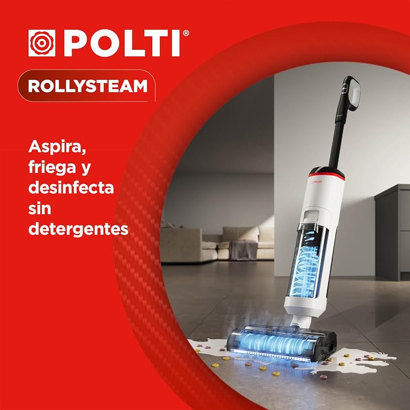 Rollysteam WD50C Esfregão de chão sem fios com função de vapor e sucção, 450 W, limpeza completa numa única passagem, autolimpante, branco
