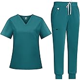 UnionMed Tech Scrubs for Women Set Medical Uniform - Stretch Slim Fit V-Neck Scrub Top & Jogger Pant with 9 Pockets