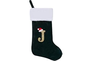 CRSTAFU Monogram Christmas Stockings Personalized, 20 Inches Family Initial Xmas Stockings, Super Soft White Plush Cuff with Deluxe Green Velvet Body and Gold Letter(J)