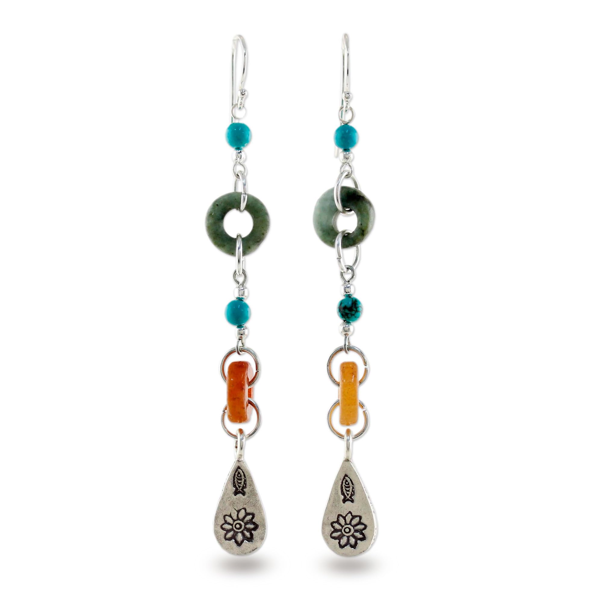 NOVICA Artisan Handcrafted Jade Silver Dangle | Turquoise Dangle | Beaded | Fine Sterling Silver | Multi Gem Earrings For Women