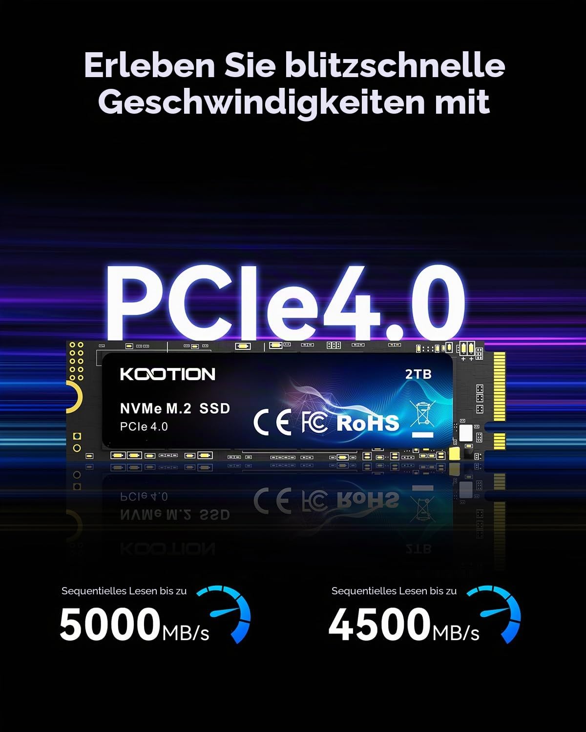 KOOTION SSD 2TB Nvme SSD PCIe 4.0 Interne Festplatte 5200MB/s Lesen, 4500MB/s Schreiben, 2 TB SSD 3D NAND Flash Interne Solid-State-Laufwerk für PS5, Programme, Gaming und Videoschnitt 3