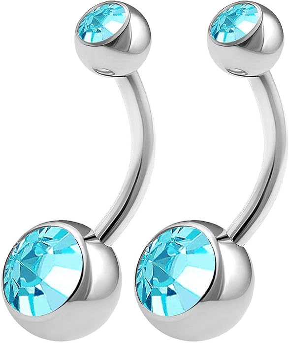 2PCS Surgical Steel Long Belly Button Rings 14g 3/8 10mm Aquamarine Crystal Balls Non Dangle