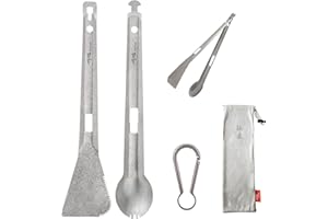 TiTo Titanium 4 in 1 Camping Cookware - Titanium BBQ Tongs, Spork, Knife and Spatula, Portable Lightweight Multi Tableware for Kitchen, Hiking, Backpacking, Outdoor Cooking, Travel, Picnics (Titanium)