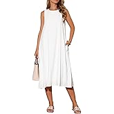 Seta T Women's Linen Dresses Crewneck Loose Fit Shift Sleeveless Sundresses Casual Tank Dress with Pockets
