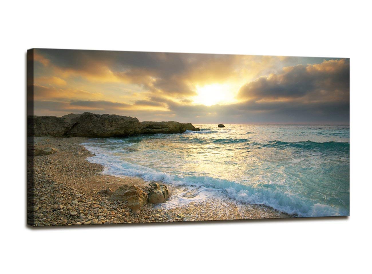 Canvas wall art Sunset Beach Blue Waves Ocean Art Large Modern Artwork Canvas Prints Contemporary Pictures Framed Ready to Hang for Home Decoration (Blue sea, 20 x 40inch x 1pcs)