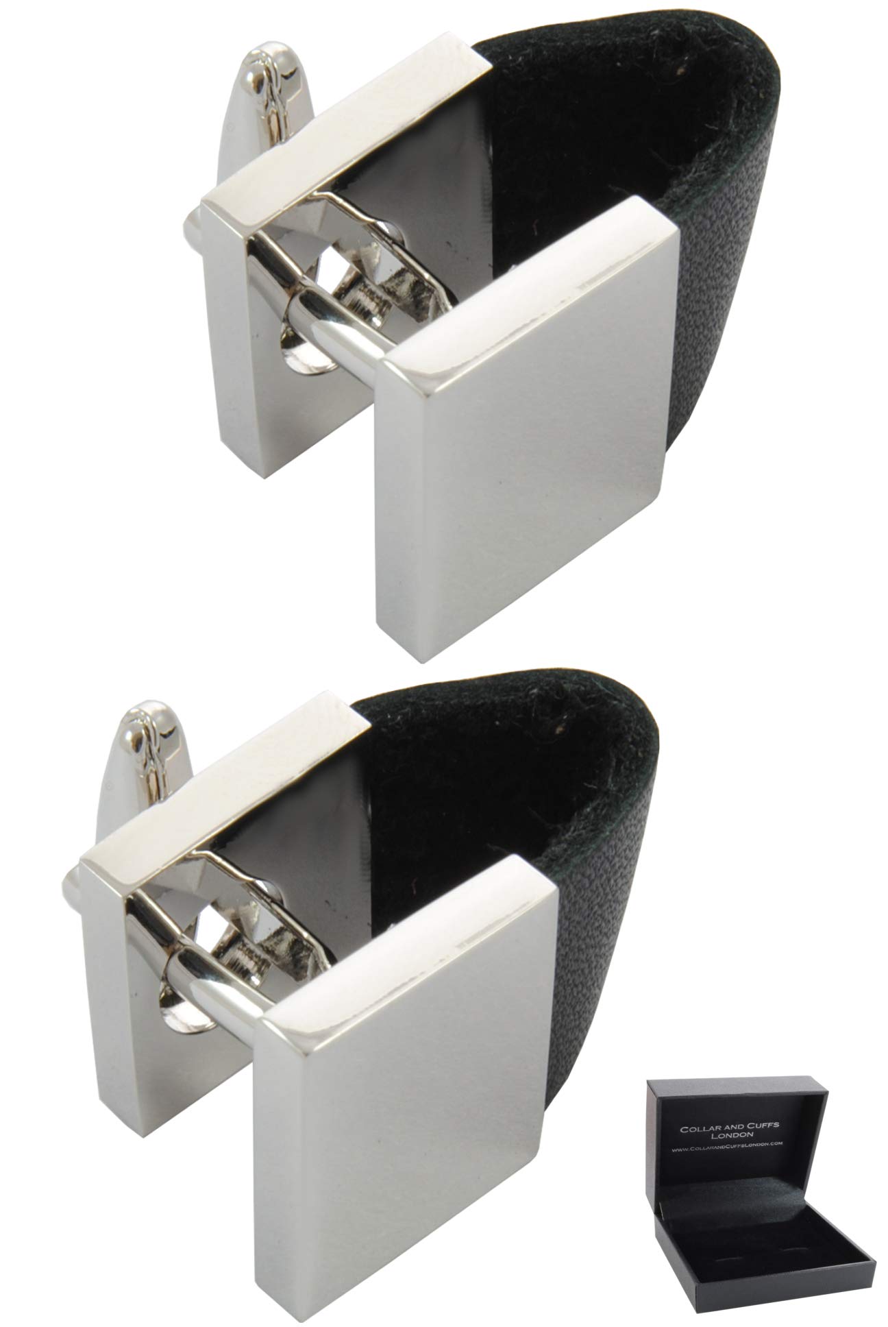 Cufflinks for Men + Presentation Box - Silver Colour - Unusual Leatherette Strap and Square Wrap Around - Silver and Black Colours - One Pair