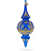 Jeweled Gold Scrollworks on Blue Double-Ended Finial Drop Glass Christmas Ornament