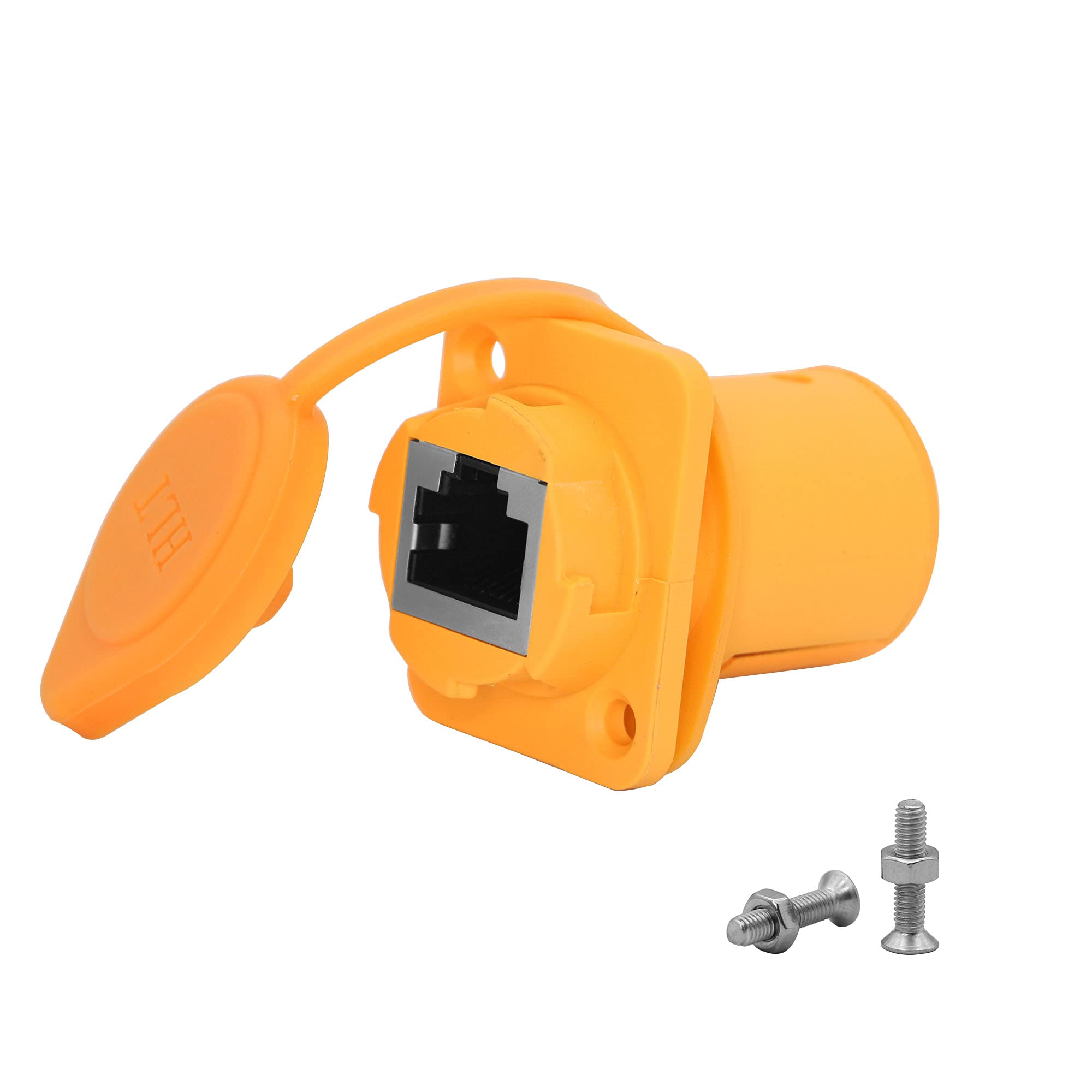 QIANRENON RJ45 Panel Mount Waterproof Adapter CAT6 RJ45 8P8C Female to Female Panel Connector Sockets Extender, with Waterproof/Dust Cap, XLR panel/d-type panel Mount, for Ethernet LAN, Yellow