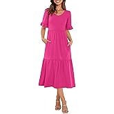 LUXVEER Womens Casual Summer Dress Casual Ruffle Short Sleeve V Neck A Line Flowy Tiered Beach Maxi Dresses with Pockets