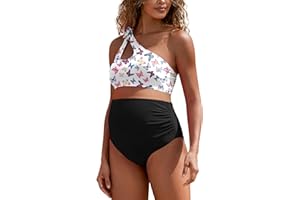 DEBELLY Maternity Swimsuit Cutout One Shoulder Bikini Set 2 Piece Bathing Suits with Adjustable Tie and High Waist Bottom
