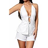 winkbay Women's 2 Piece Beach Vacation Outfits Tie Front Backless Halter Top and Mini Shorts Set