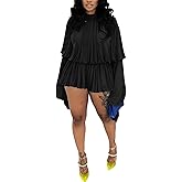 LETSVDO Shorts Sets Women 2 Piece Outfits Mock Neck Bell Sleeve Chiffon Top Blouse Pleated Ruffle Bubble Short Set Romper