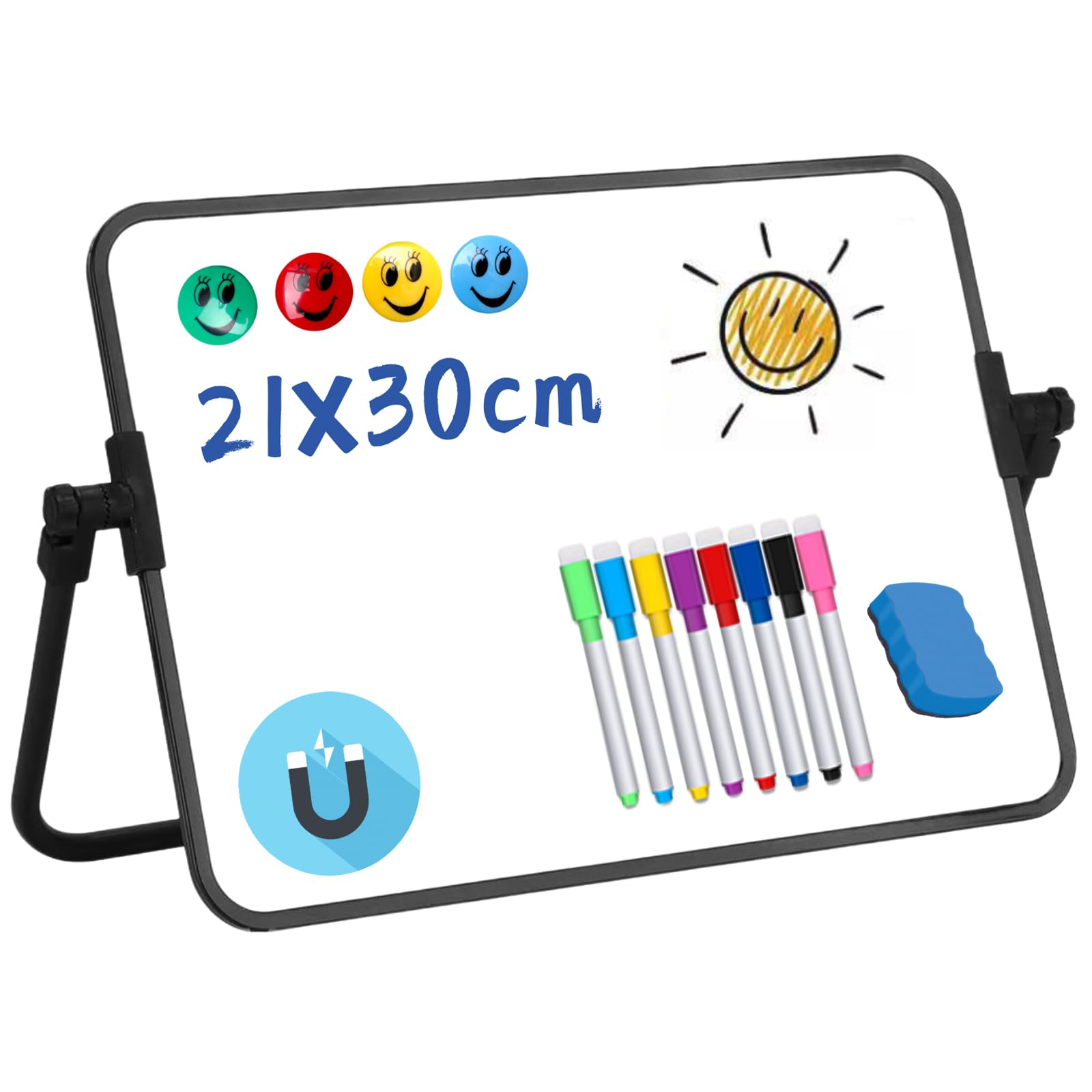 DONGDA Dry Erase A4 Double Sided Magnetic Whiteboard With Stand, Desktop Including 8 Pens/4 Magnets/1 Eraser for Students, Parents