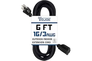 YOJOE Indoor Outdoor Extension Cord, 3 Prong 13A Weatherproof Power Cord, 16 Gauge Heavy Duty 6 ft Black Extension Cord for Garage, Garden and Home, 16/3 SJTW UL Listed
