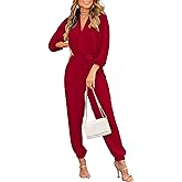 PRETTYGARDEN Women's Fall Jumpsuits Dressy Casual Pants Romper Spring Long Sleeve V Neck Belt Pockets One Piece Outfits