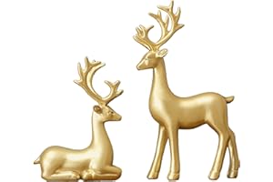 FANTESTICRYAN Small Reindeer Sculpture Resin Christmas Reindeer Elk 2pcs Christmas Home Decor Statues for Living Room, Bedroom, Office Desktop, Cabinets (Golden Small)