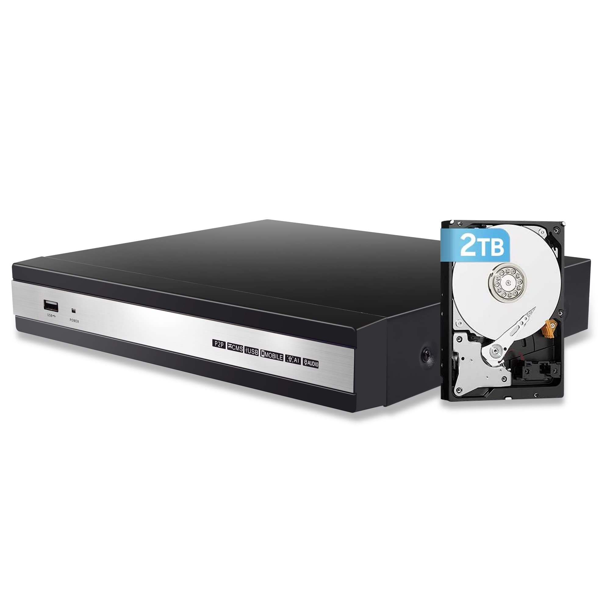 Reidubo 4K 9CH NVR(1080p/3MP/4MP/5MP/6MP/8MP) ネットワークビデオレコーダー - 最大8×8MP @25fps対応 ホームセキュリティカメラシステム (PoEポートは含まれていません) プリインストール済み 2TB (最大6TB) ハードドライブ